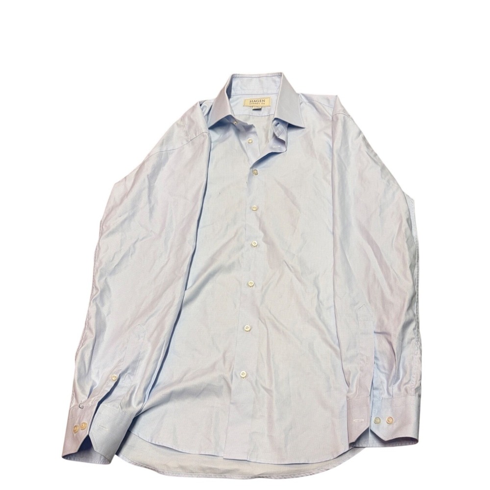 Hagen Carmel CA Dress Shirt Mens 16 34/35 Light Blue Micro Check Cotton L/S